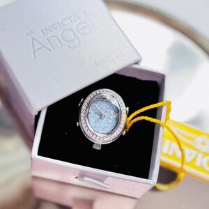 Invicta Mini Crystal Ring Watch Blue Glitter Dial Silver Tone